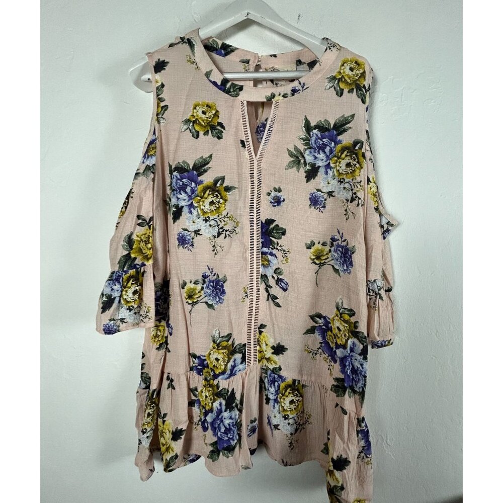 Perch by Blu Pepper Womens Floral Keyhole Cold Shoulder Tunic Top 2XL Pink New